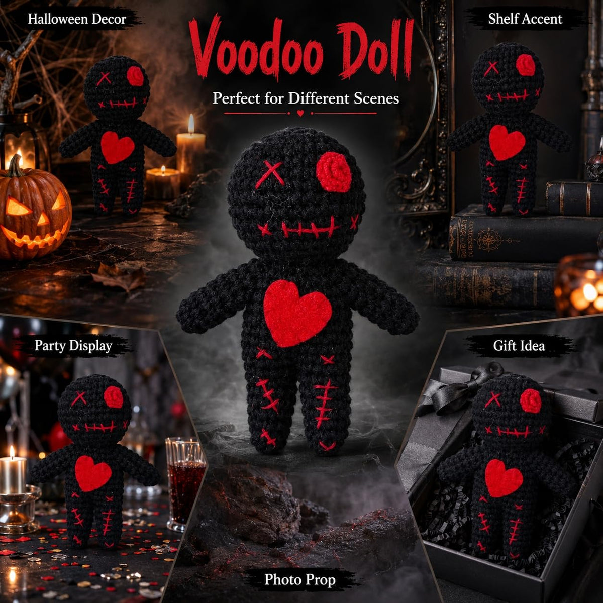 Creepy Voodoo Doll Funny Crochet Ghost Ornaments Stress Relief Fidget Toy Spooky Gothic Decor Handmade Knitted Emotional Support Plush for Halloween Christmas Prank Gag Gift (Black)