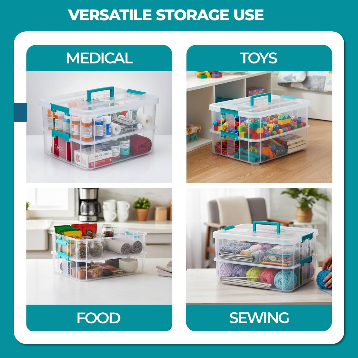 Tribello Craft Box & Art Supply Storage Organizer – Stackable Art Organizer and Craft Storage Box with Handle, 2-Layer Clear Art Supplies Organizer (14 x 10 x 7)