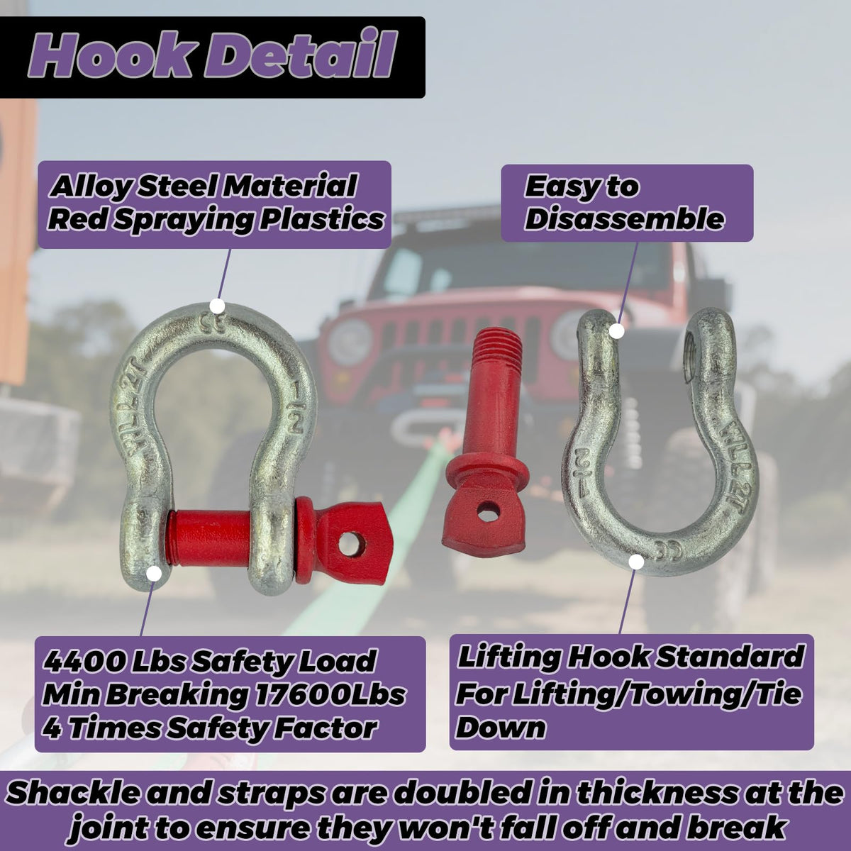 HENBOW Lifting Straps with D Ring Shackle for Hoist,6.5FT× 1In Heavy Duty Flat Lift Sling Web 8800 lbs Capacity，Web Sling Car Tree Saver Winch Recovery
