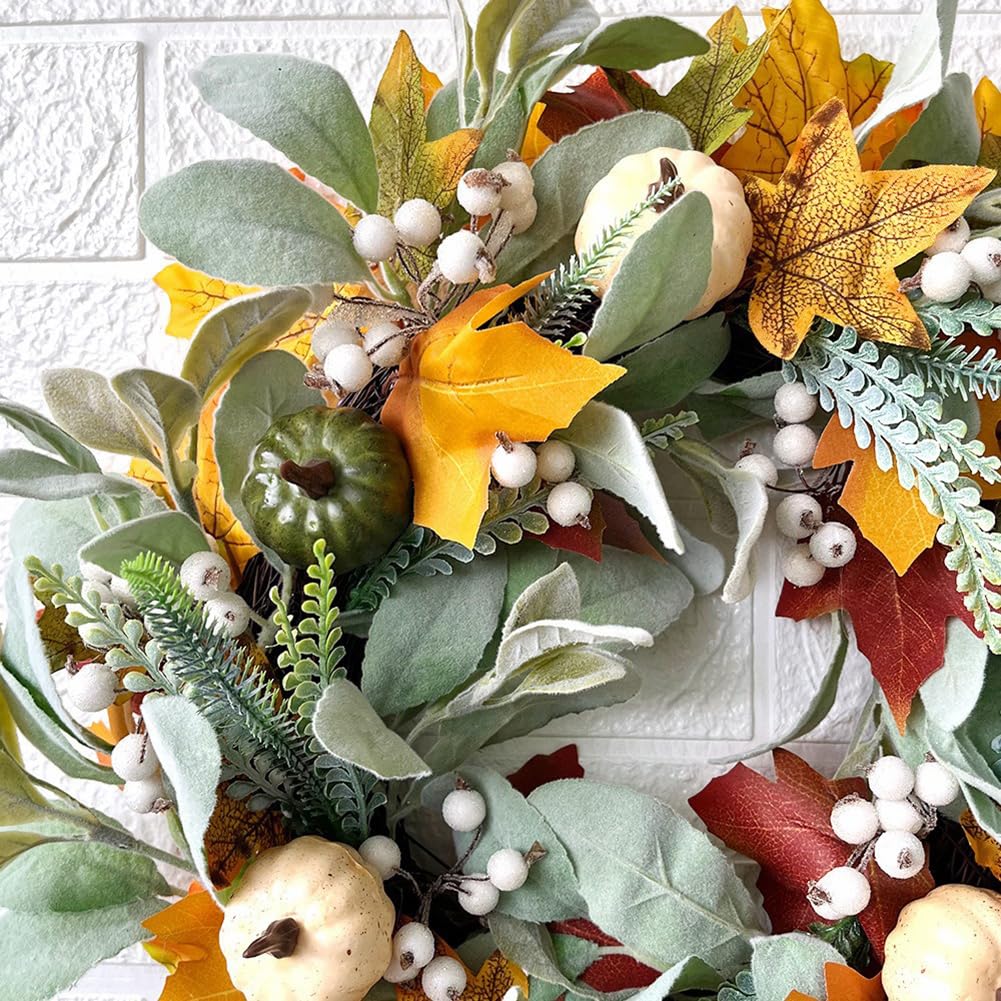 15 Inches Pumpkin Fall Wreath Artificial Wildflower with Berries for Halloween Thanksgiving Christmas Farmhouse Fall Décor