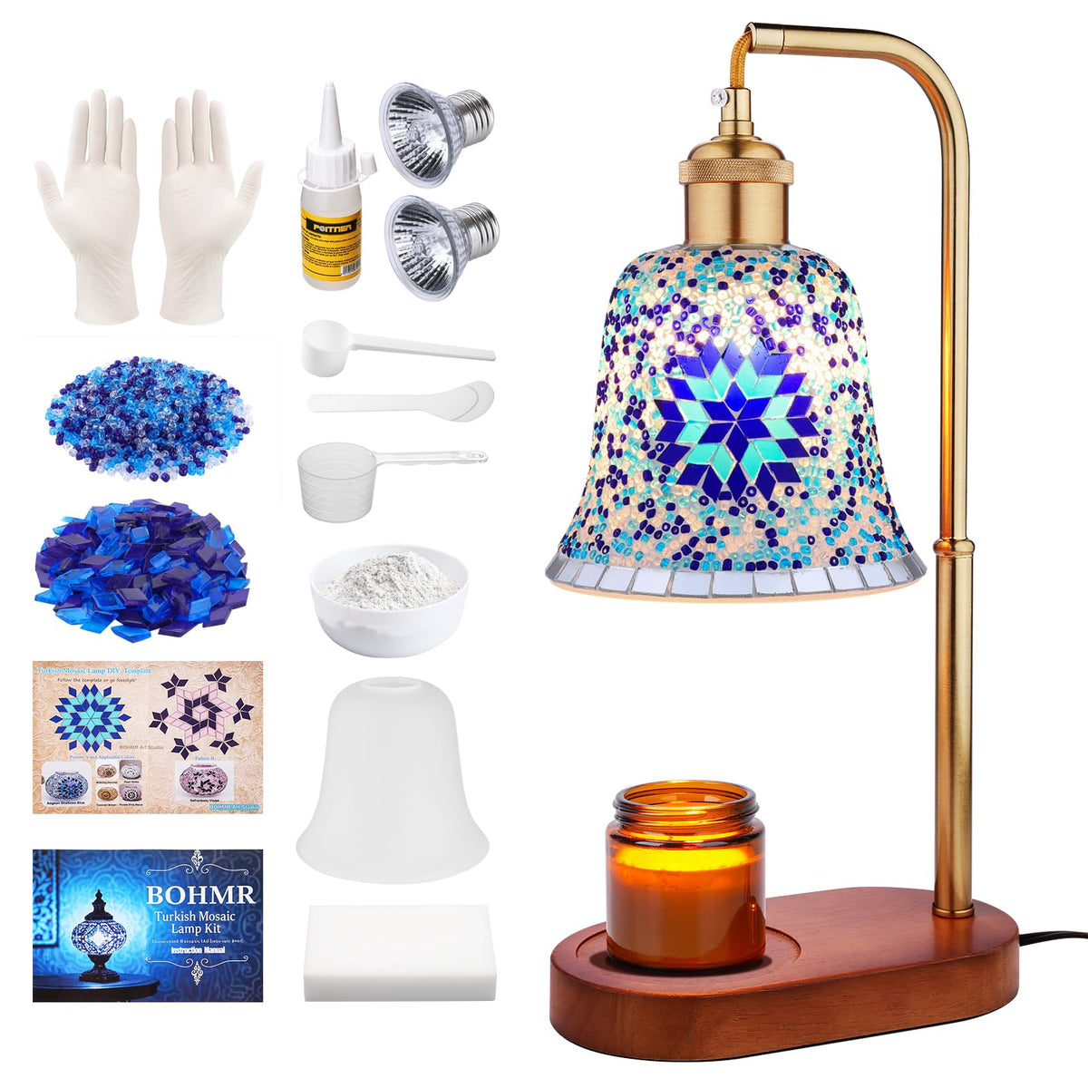 DIY Turkish Mosaic Candle Warmer Lamp Kit, Stained Glass Wax Melt Warmer Lamp Making Kit- Easy,Fun, No Experience Needed, Mosaic Art &Craft Project Kits for Adults &Teens, Make Your Own Lamp, Blue