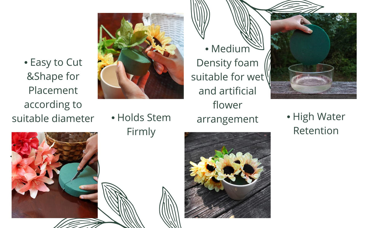 Pack of 6 FLOFARE Round Floral Foam Blocks for Fresh and Artificial Flowers, (6" X 1.4"), Dry & Wet Green Flower Foam for Flower Arrangements and Florist Supplies