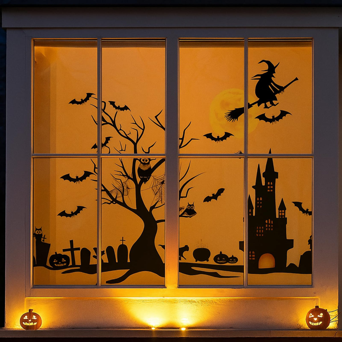 4 Sheet Halloween Window Decals Clings Decor Window Stickers Double Side Clings Decals for Party Decoration with Bat, Witch, Spider, Pumpkin for Halloween Spooky Holiday Fall Party Home Decor