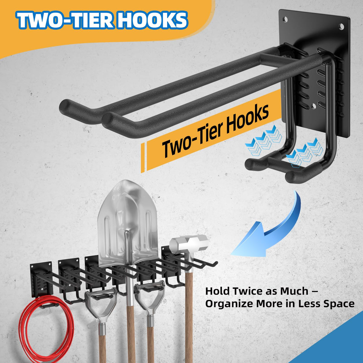 6 Pack Garage Hooks 10 INCH Heavy Duty Two-Tier Steel Shed Wall Mount Workshop Garage Storage Tool Organizer Hooks for Hanging Garden Tool, Hose, Ladder, Chairs, Bikes with Anti-Slip Coating