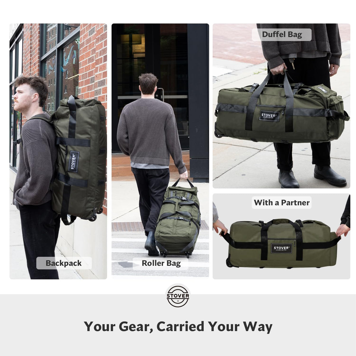 STOVER 45/80/100L Rolling Duffel Bag with Wheels, X-Large Durable Travel Duffle + Toiletry Bag, Heavy Duty, Packable with Shoulder Straps- Use as Luggage or Backpack, Men/Women (Green)