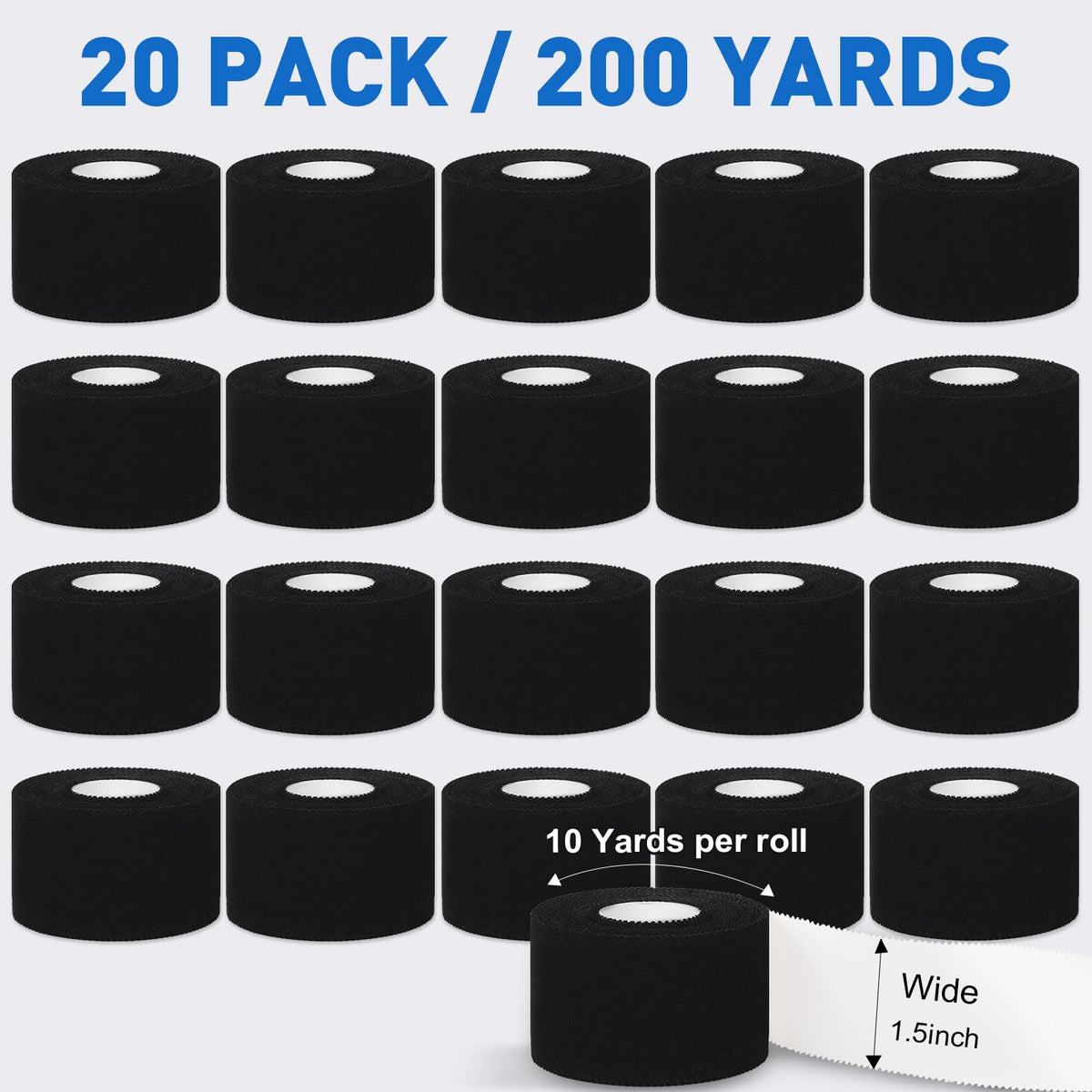 CHMI Athletic Tape,Black Sports Tape (20 Pack), 200 Yards Rolls Very Strong Easy Tear NO Sticky Residue Best Tape for Gymnastics Climbing Bat Injuries Medical (1.5 Inch X 200 Yards).