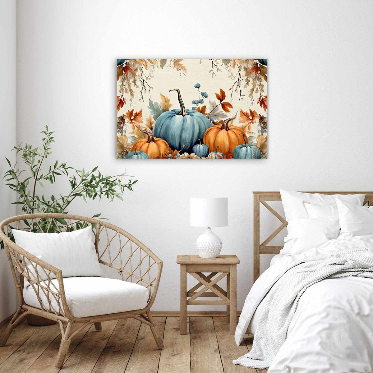 QIXIANG Fall Pumpkin Wall Art Autumn Harvest Orange Blue Pumpkin Canvas Prints Thanksgiving Pictures Bedroom Wall Decor Frame (Pumpkin E, 12.00" x 18.00")