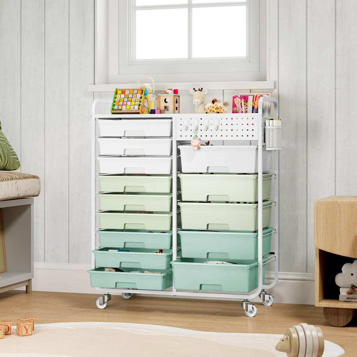 Rolling Storage Cart with 14 Drawers, Storage Organizer Cart with Tabletop and Pegboard,Utility Cart for Living Room, Classroom, Bedroom,Bathroom,Dorm,Office (Green)