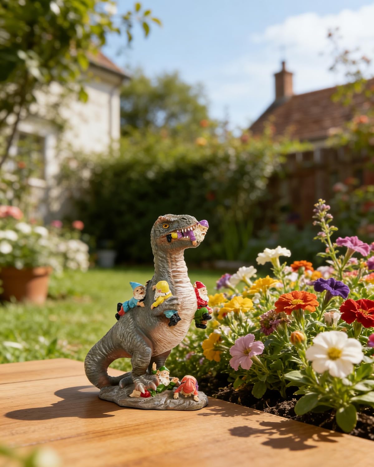 HORTIX Dinosaur Garden Gnome Statue 12”, Outdoor Yard & Garden Decor, Patio Lawn Decoration, Gardening Gifts for Women, Housewarming Present