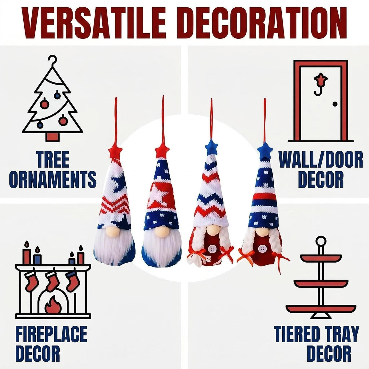 4th of July Decorations-Independence Day Hanging Gnomes USA 250th Anniversary Patriotic Gnomes Ornaments,4Pcs Memorial Patriotic Tree Decor Red White Blue Hanging Ornaments for Independence Day