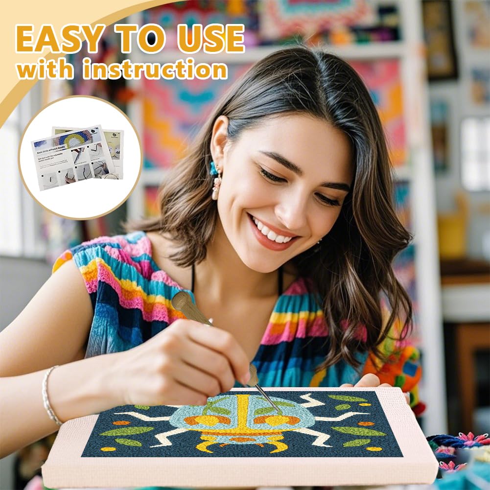 Doodlream Beetle DIY Punch Needle Embroidery Kit for Adult Beginner, 9.4" Scarab Flower Animal Punch Stitching Craft Set for Starter with Frame, Fabric Pattern, Threader, Yarn, Pinch Needle