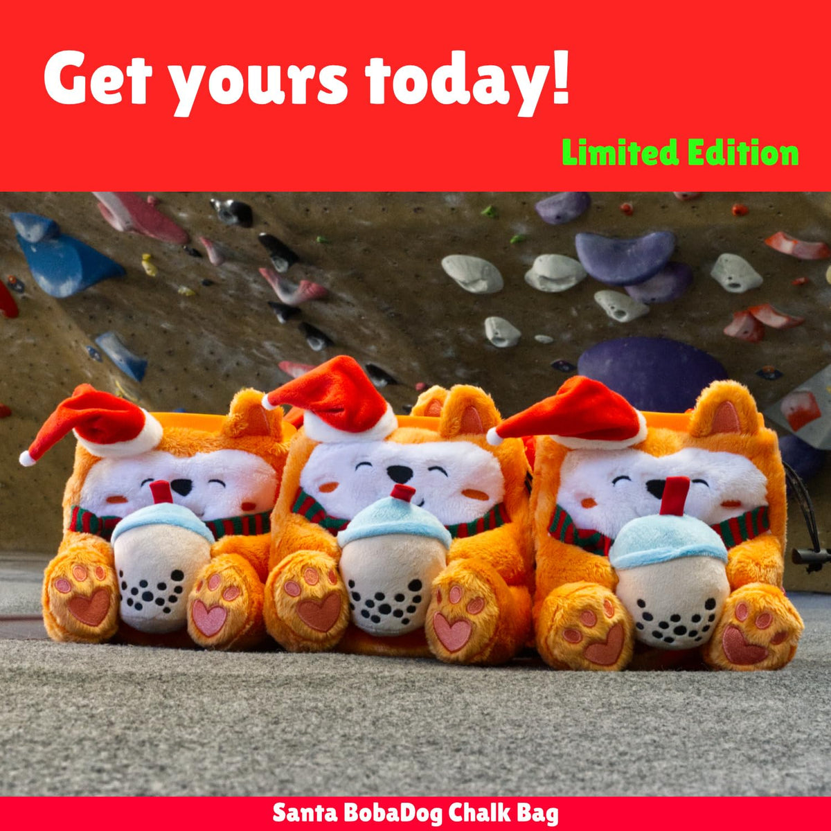 Rock Climbing Chalk Bag + Refillable Ball – Boba Dog Plush Animal Bag (Christmas Bag + Chalk) | Christmas | Santa