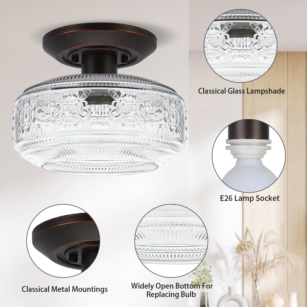 KnLnny Ware Flush Mount Ceiling Light, Oil Rubbed Bronze, Glass Shade, 9W Bulb Included, 9 Inch, for Hallway, Porch, Kitchen, Bedroom