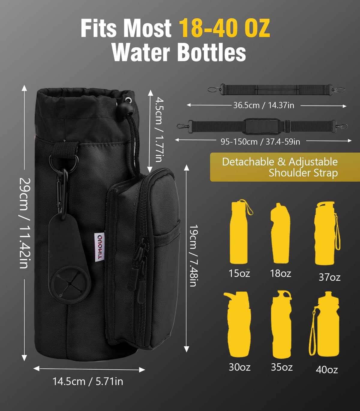 TiMOVO Magnetic Gym Bag, Water Bottle Holder with Strap & Phone Pockets, Built-in 5 Neodymium Magnets, Fits 18–40 oz Bottles, Gym Accessories for Sports, Travel, Workout, Black