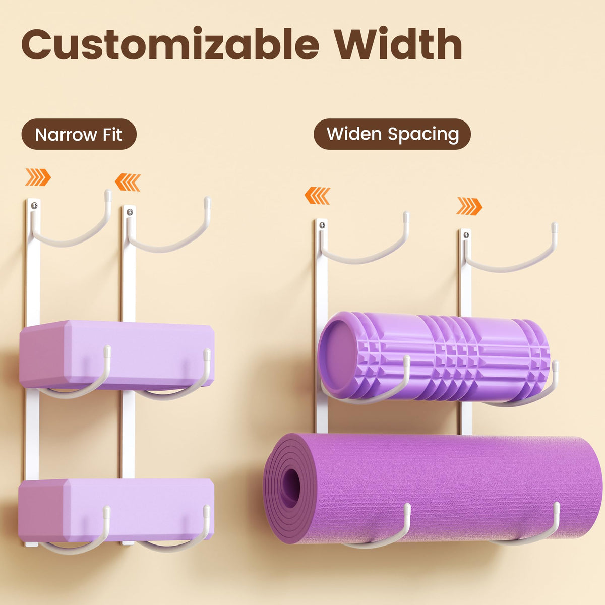 Josmimic Yoga Mat Holder Wall Mount, 3-Tier Storage Rack for Yoga Mat, Foam Roller, Block, Yoga Accessories, Wall Organizer for Home Gym, Gym, Workout Room, Metal, White