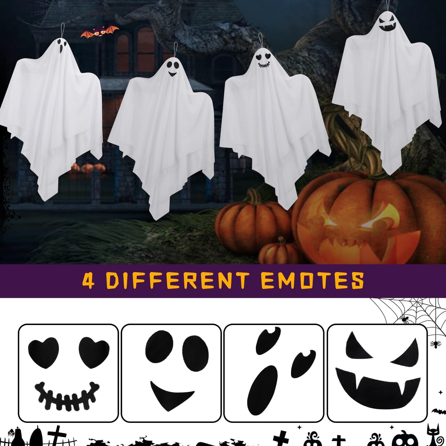 Hanging Ghosts Outdoor Decorations, 4 Pack 28" Cute Flying Ghosts - Halloween Decor for Home, Tree, Porch, Patio, Lawn, Garden, Party & Holiday