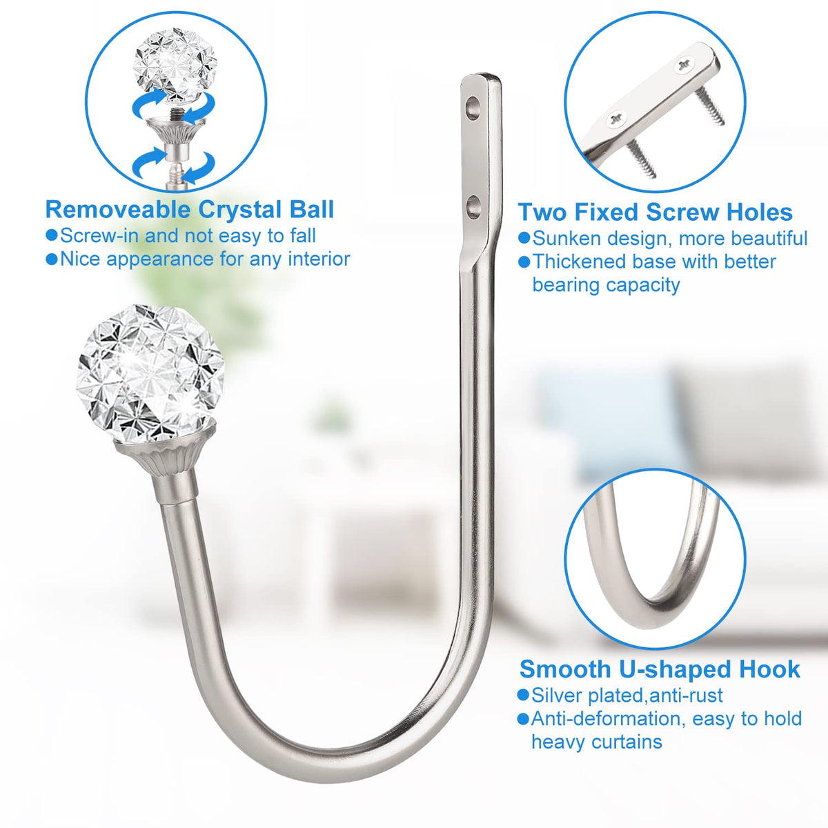 gobutend Curtain Holdbacks, 4 pcs Curtain Tiebacks Hooks for Drapes with Clear Crystal Ball, Wall Mounted Window Curtain Holder for Home Decor, Silver
