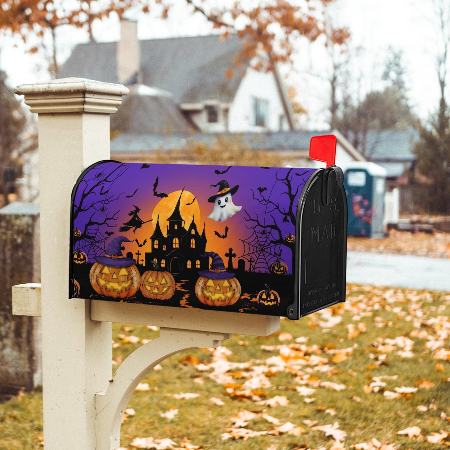 Halloween Night Ghost Mailbox Covers Bat Castle Spooky Pumpkin Lanterns Mailbox Post Cover Letter Box for Garden Standard Size 21x18 in for Yard Home Decor