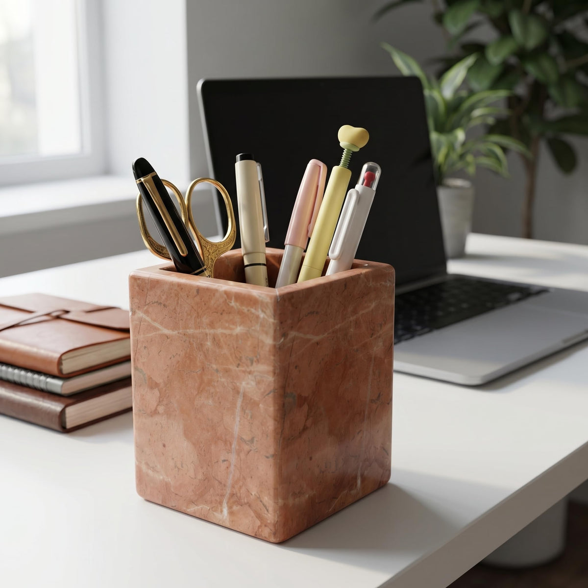KEBTN Natural Marble Pen Holder, 2.95” x 3.74” Square Makeup Brush Organizer, Toothbrush Holder, Multi-Purpose Marble Caddy for Desk, Bathroom Vanity, Small Flower Vase & Office Supplies (Rosa Verona)