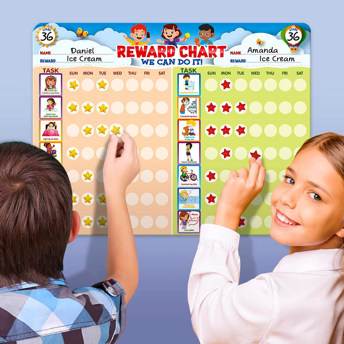 Chore Chart for Multiple Kids, Behavior Incentive for at Home, Dry Erase, and Magnetic Board for 2 Kids, Includes 54 Task Cards