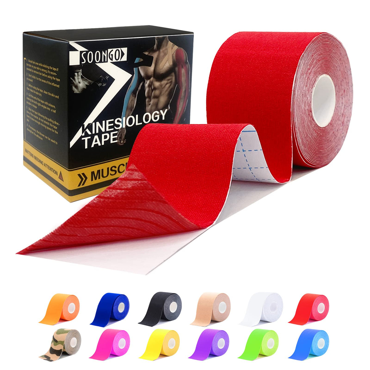 SOON GO Kinesiology Tape, 2IN x 16.4FT Uncut Athletic Tape, Waterproof Breathable Latex-Free, Muscle Recovery & Joint Support,Red (1/2/5 Rolls)