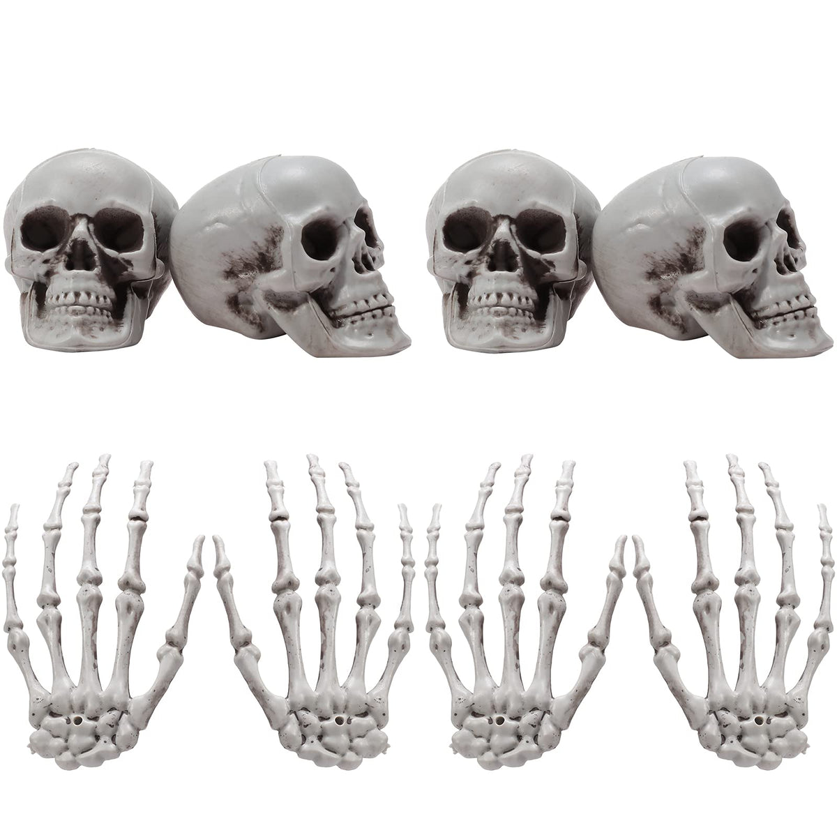 8 Pieces Halloween Decoration Set Includes 4 Halloween Mini Skulls Realistic Looking Skulls and 4 Skeleton Hands Plastic Fake Human Hands for Decoration