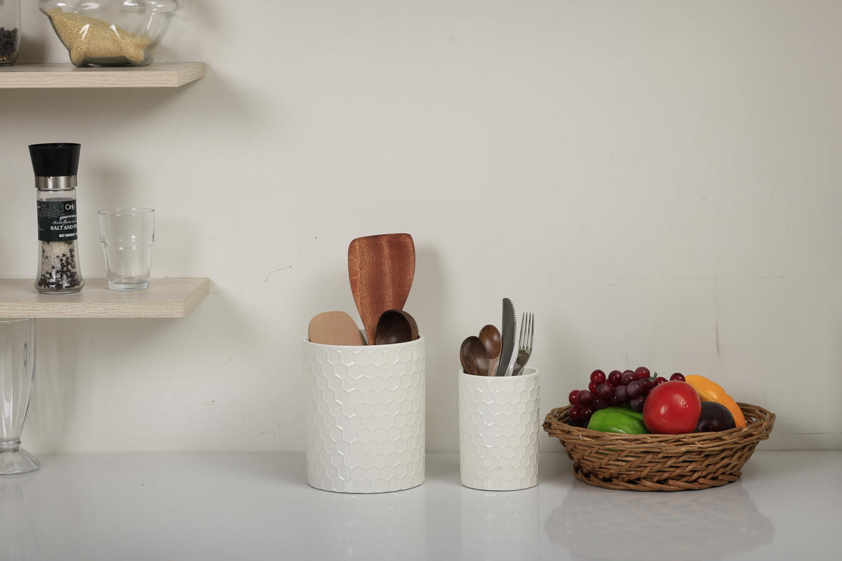 Docrin Ceramic Kitchen Utensil Holder 2 Pack - 6.8"+5.1" Inch Countertop Storage Organizer, Non-Slip Base, Easy to Clean, Elegant White Ceramic Utensil Crocks for Spatulas, Spoons, Cooking Gadgets