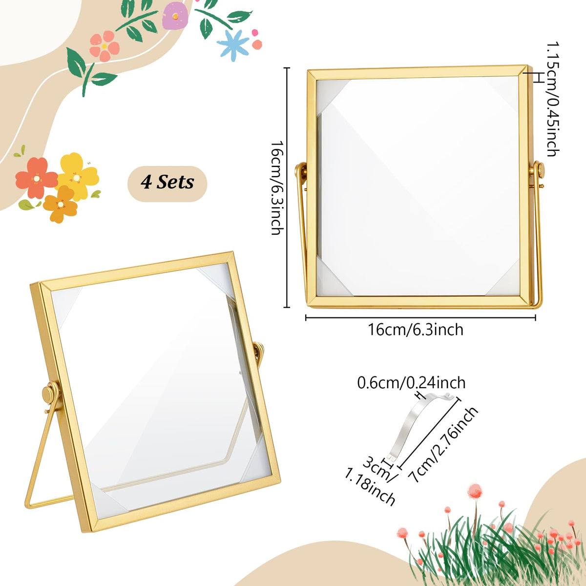GLASSWINDS 4Pcs Pressed Flower Frame, Double Glass Frame for Pressed Flowers Handmade, 6x6 Inches Clear Glass Picture Frames, Gold Floating Frames for Press Flower Tabletop Display DIY Birthday Gift