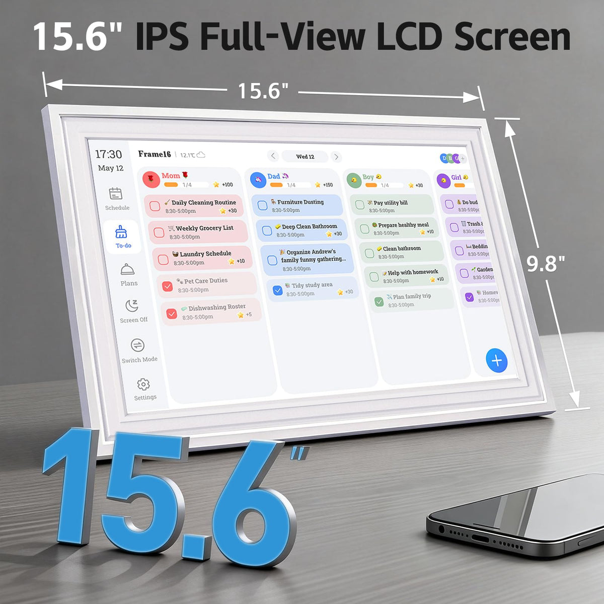 15.6 Inch IPS Touch Screen Smart Digital Calendar, HD Family Wall Desk Planner with Chore Chart, Meal Planner & Reward System, Free 64GB Card, Ideal Gift for Family, Parents, Kids