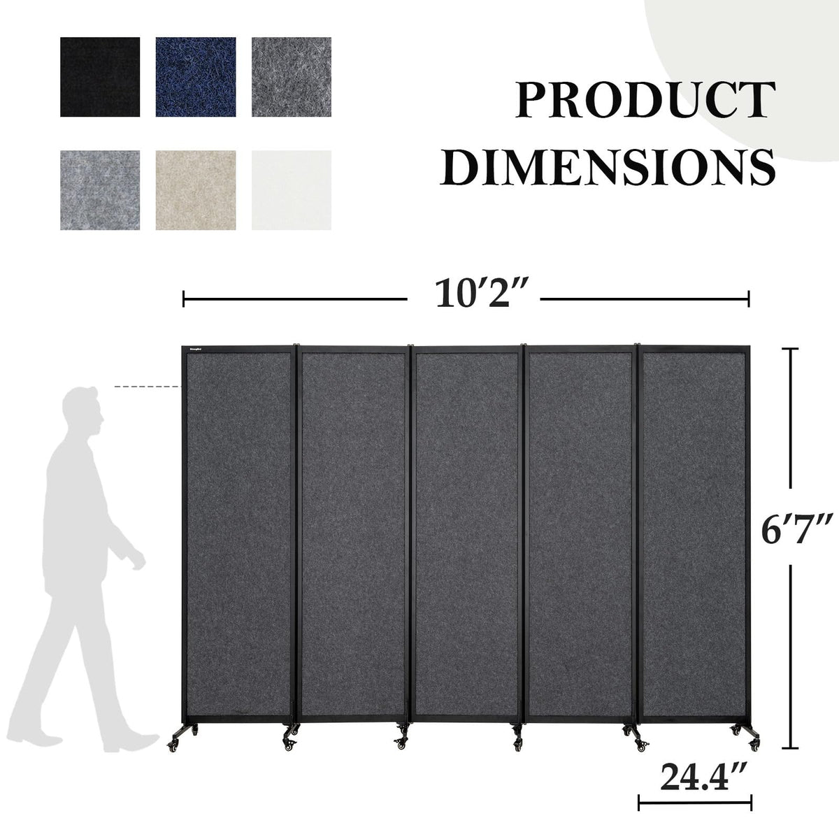 Upgrade Version Room Partition and Divider, Freestanding Rolling Dividers with Wheels,Office Privacy Screen Divider Wall,Classroom Felt Dividers,10'6"L* 6'7"H,5 Panel，Dark Grey