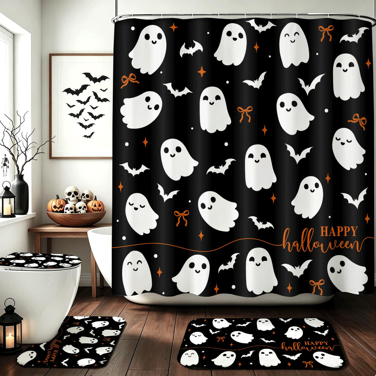 Mocsicka 4Pcs Halloween Shower Curtain Set Black Spooky Bow Ghost Shower Curtain Set for Halloween Bathroom Decor with Anti-Slip Waterproof Bathtub Bathroom Rugs Toilet Lid Cover
