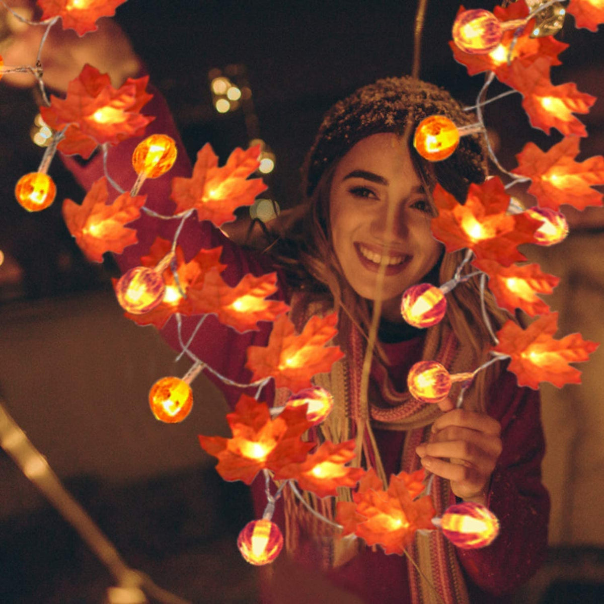 3 Pack Fall Decor Fall Garland with Pumpkin Lights&Enlarged Maple Fall String Lights Pumpkin Decor, 30Ft 60LED Waterproof Battery Operated Christmas Halloween Thanksgiving Fall Decorations for Home