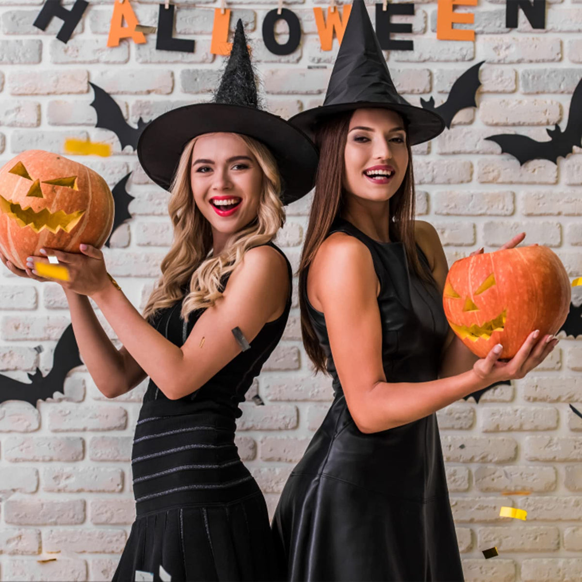 CCINEE 12 Pcs Halloween Decoration Witch Hats, Bulk Hanging Witch Costume Caps Accessories with 120 Pcs Bat Wall Stickers for Halloween Themed Party Yard Decoration