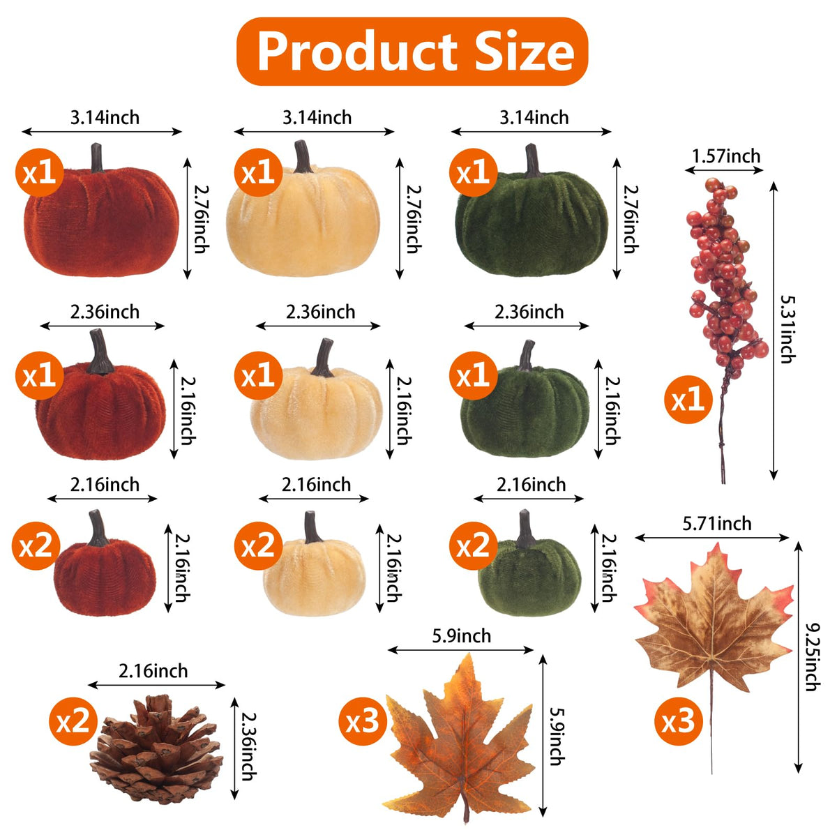 GHGMAO 21 PCS Pumpkins Decor Set, 3 Sizes Fake Velvet Pumpkin, Dark Green Brown Gold Small Foam Pumpkins for Thanksgiving Farmhouse Fall Harvest Autumn Decorations Table Centerpiece