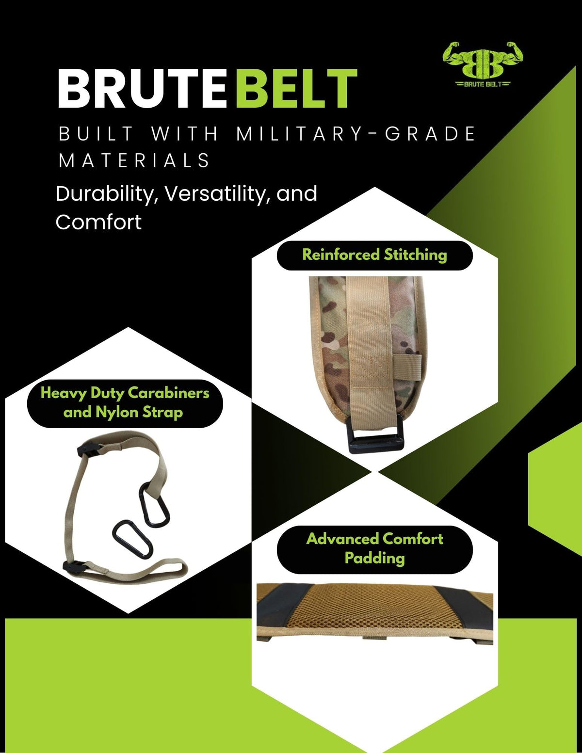 Brute Belt – The Ultimate Nylon Dip, Pull-Up and Squat Belt for Strength Training (Camo, Medium)