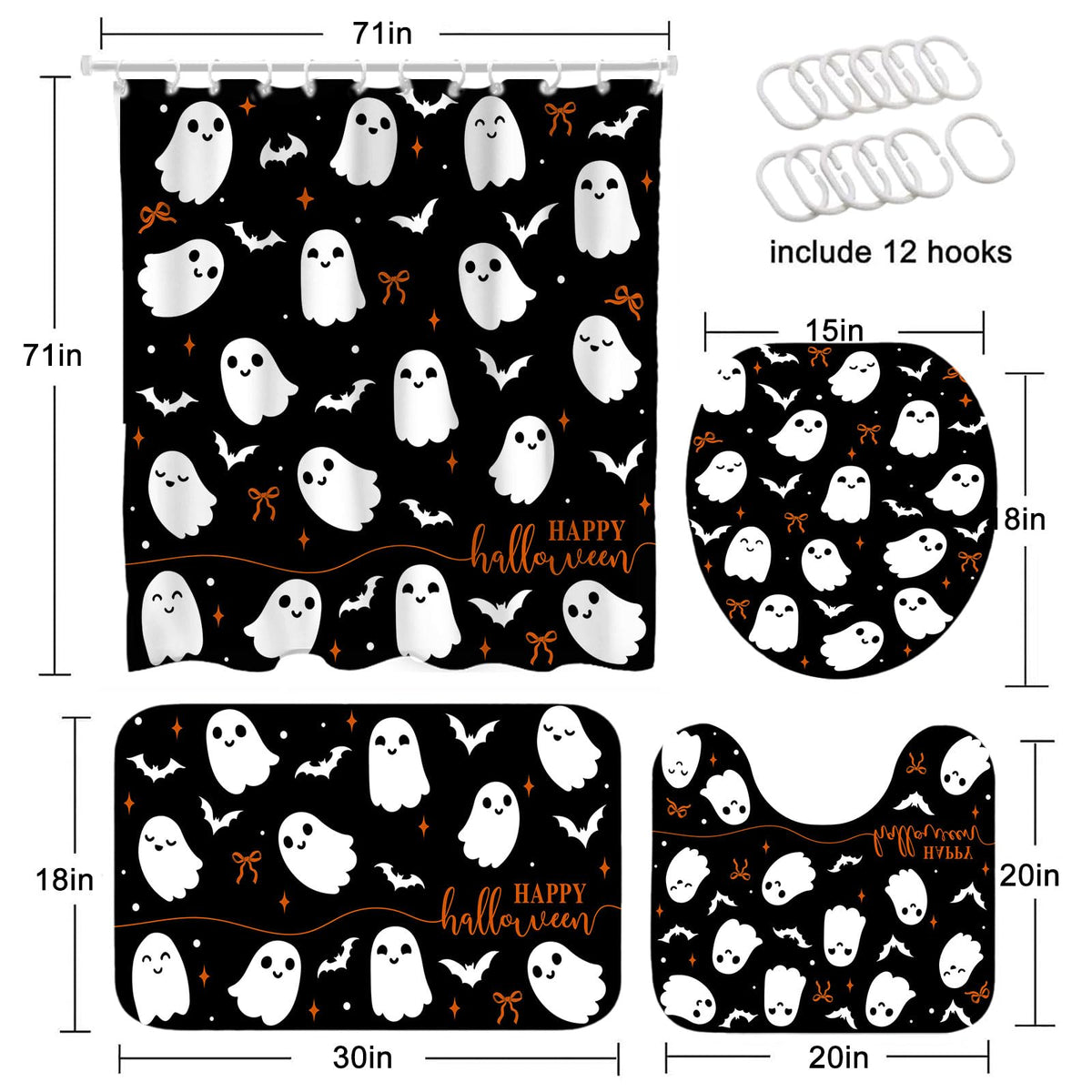 Mocsicka 4Pcs Halloween Shower Curtain Set Black Spooky Bow Ghost Shower Curtain Set for Halloween Bathroom Decor with Anti-Slip Waterproof Bathtub Bathroom Rugs Toilet Lid Cover