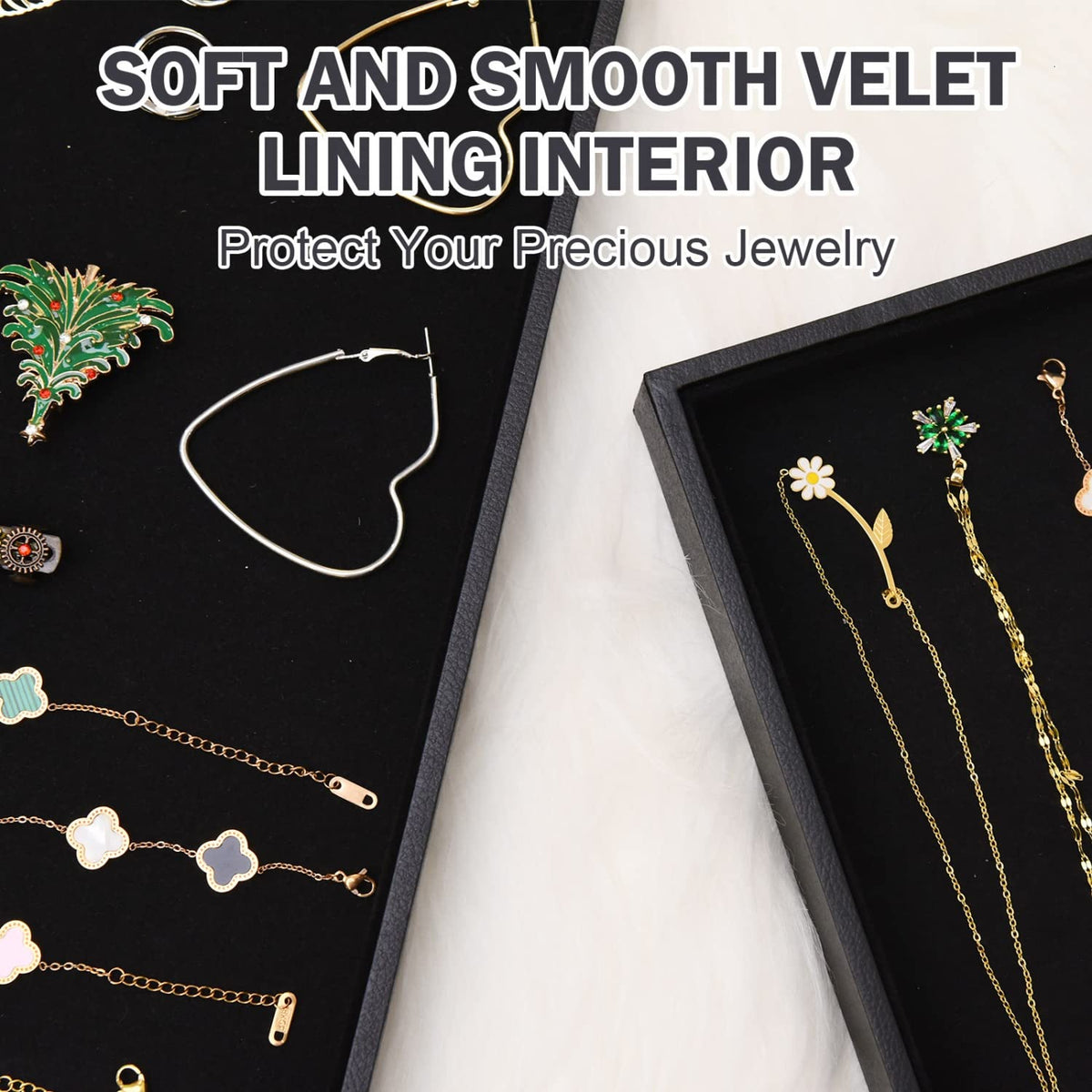 JETEHO Velvet Jewelry Tray for Drawers Black Jewelrys Display Tray Stackable Jewelry Organizer Trays for Necklace Bracelet Ring Watch (1, Black)