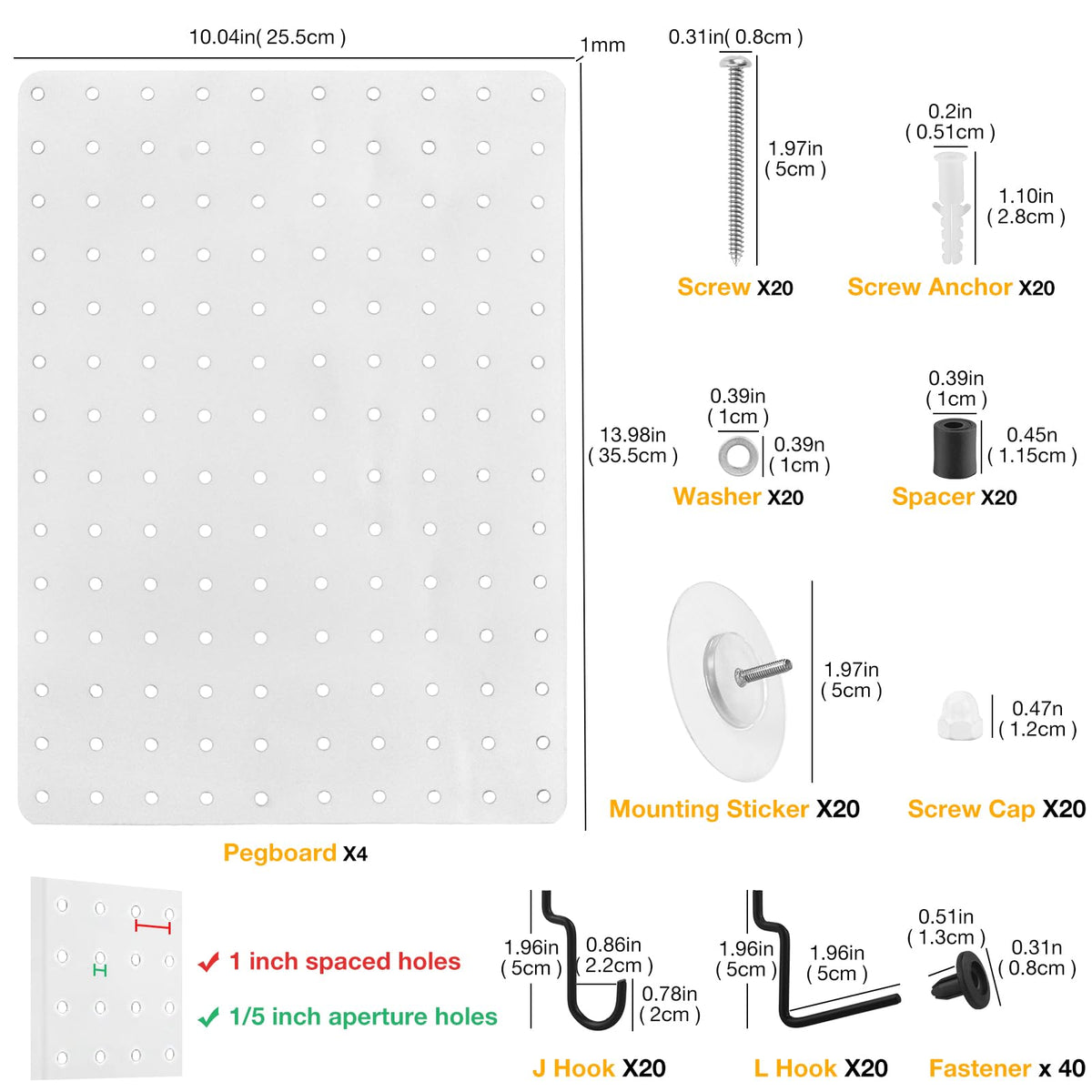 G.CORE Steel Pegboard and Hooks - 44pcs Peg Board Panels Organizer 1/4" Holes 14"x10" with J L Hooks - Kitchen Bathroom Craft Office Garage Tool Display Organization Drill/Adhesive Mounting (White)