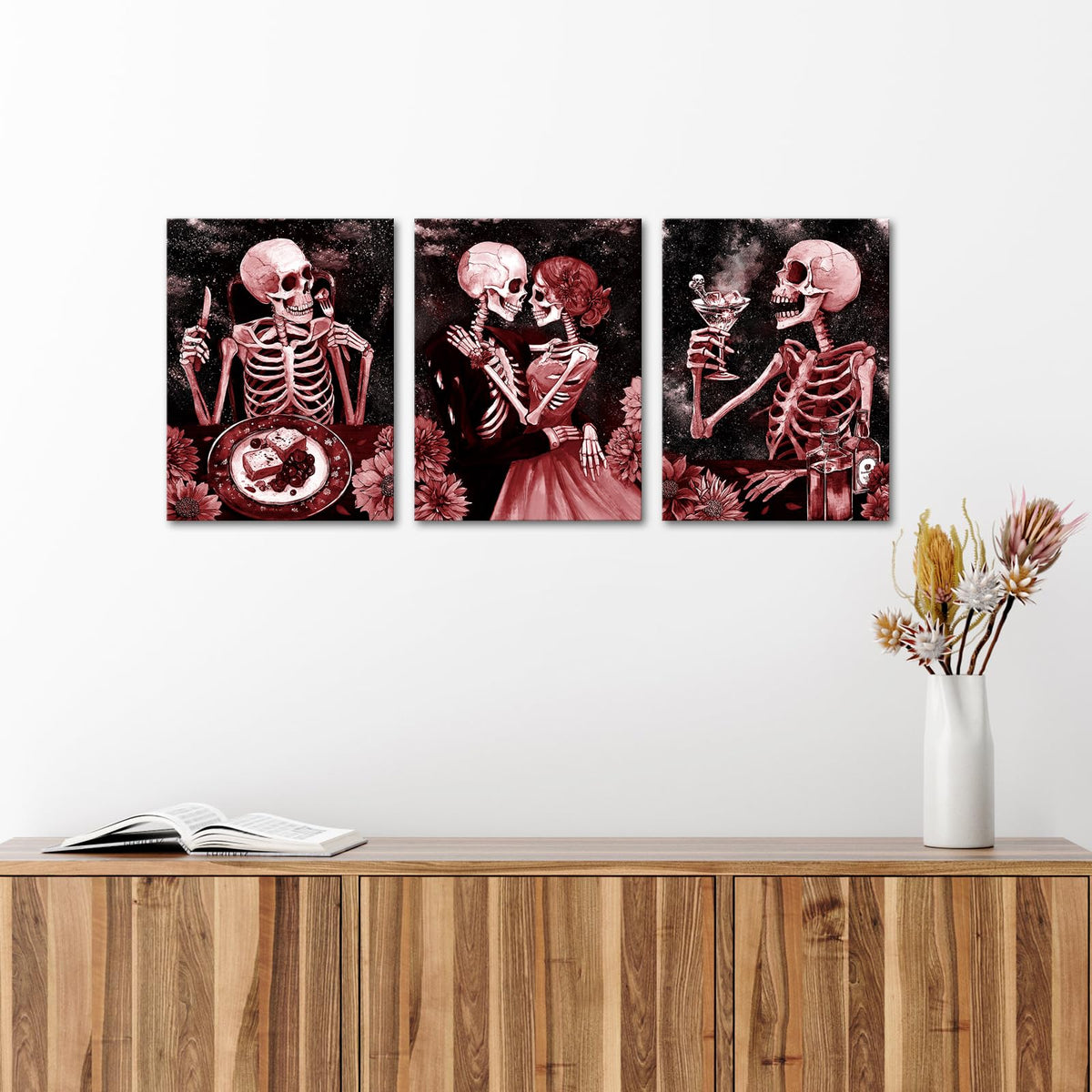 FuShvre Gothic Wall Art Skeleton Pictures Painting Canvas Red Moody Romantic Home Kitchen Restaurant Wall Decor Framed 12x16 inches each (Red)
