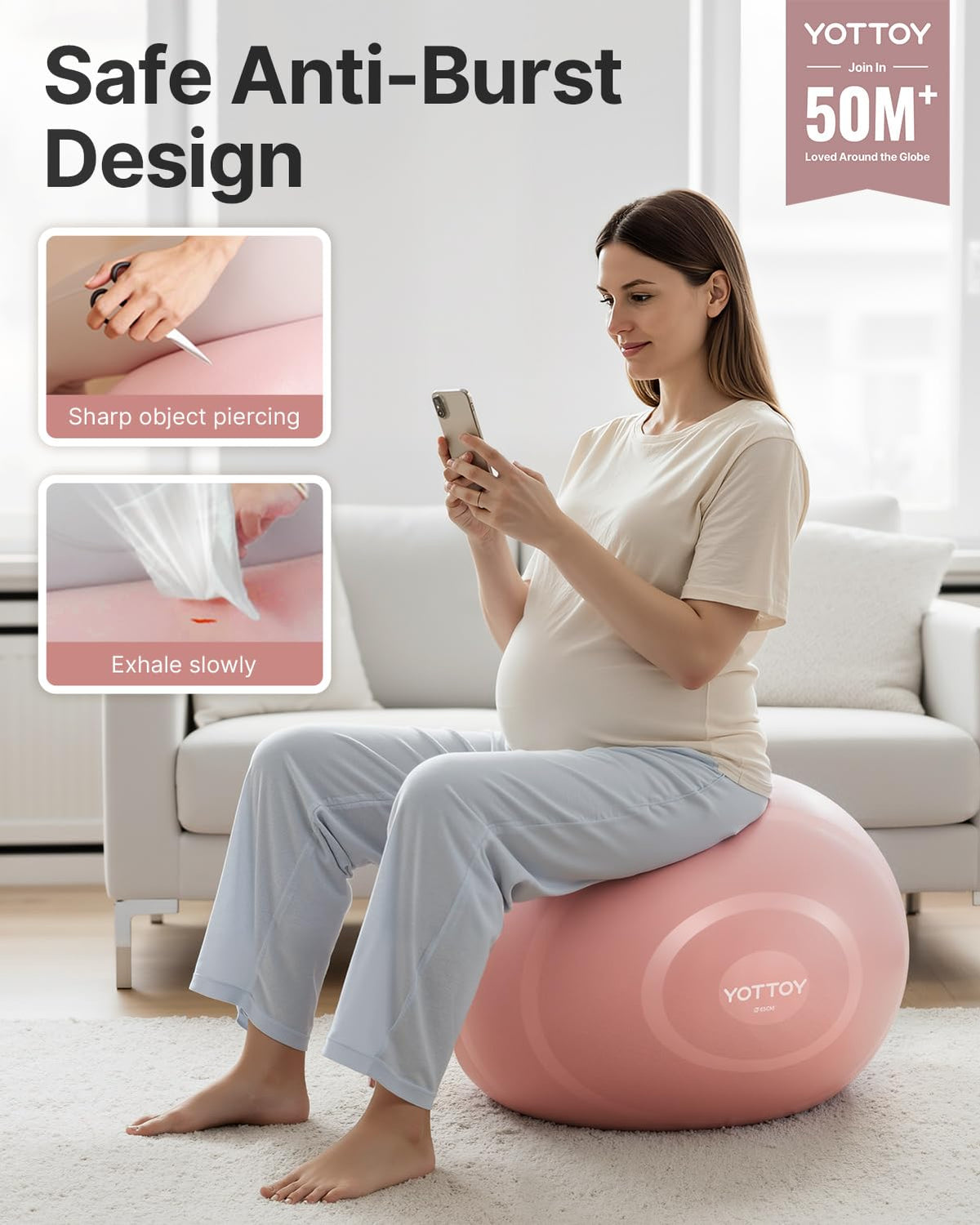YOTTOY Anti-Burst Exercise Ball for Working Out, Yoga Ball for Pregnancy,Extra Thick Workout for Physical Therapy,Stability Ball for Ball Chair Fitness with Pump (Pink)