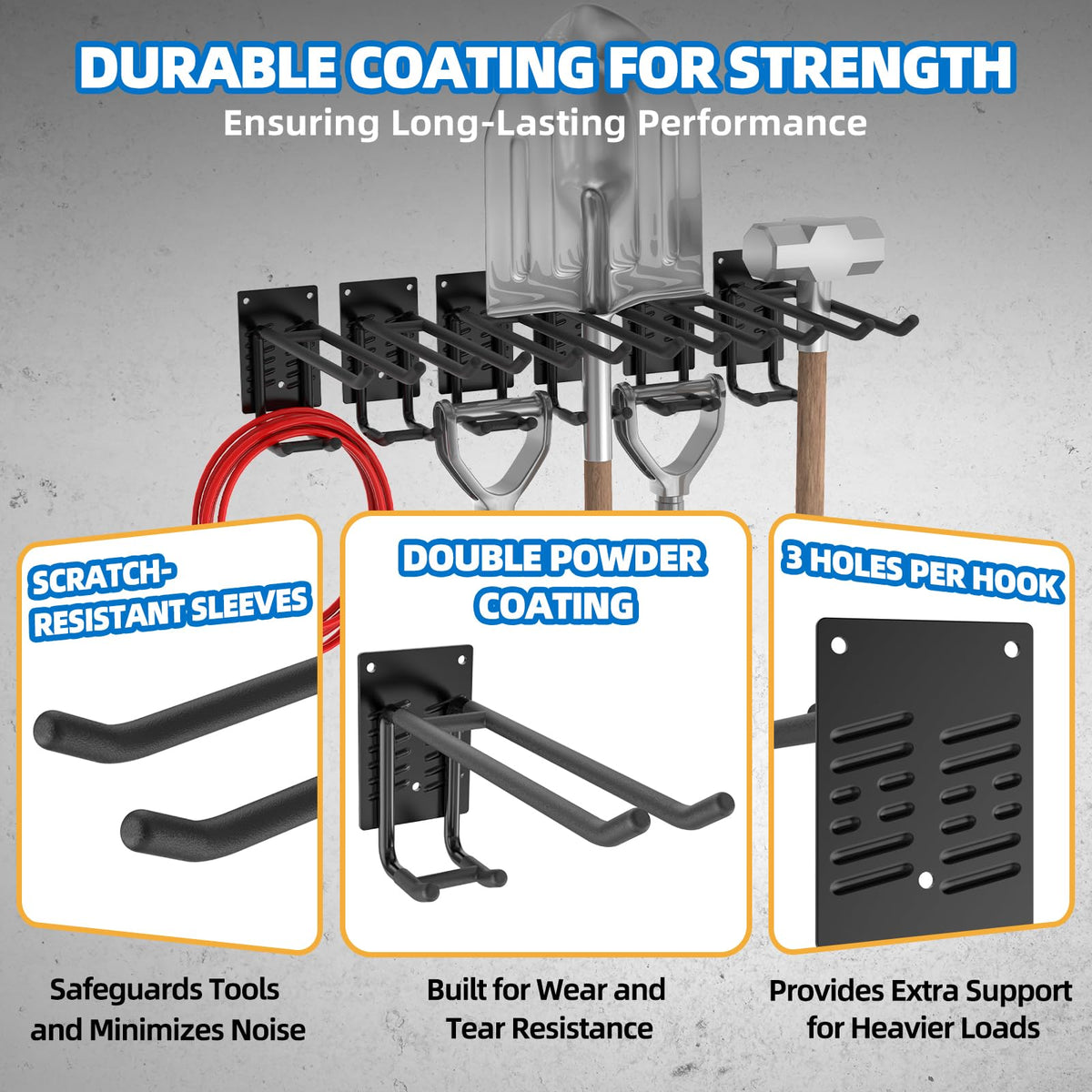 6 Pack Garage Hooks 10 INCH Heavy Duty Two-Tier Steel Shed Wall Mount Workshop Garage Storage Tool Organizer Hooks for Hanging Garden Tool, Hose, Ladder, Chairs, Bikes with Anti-Slip Coating