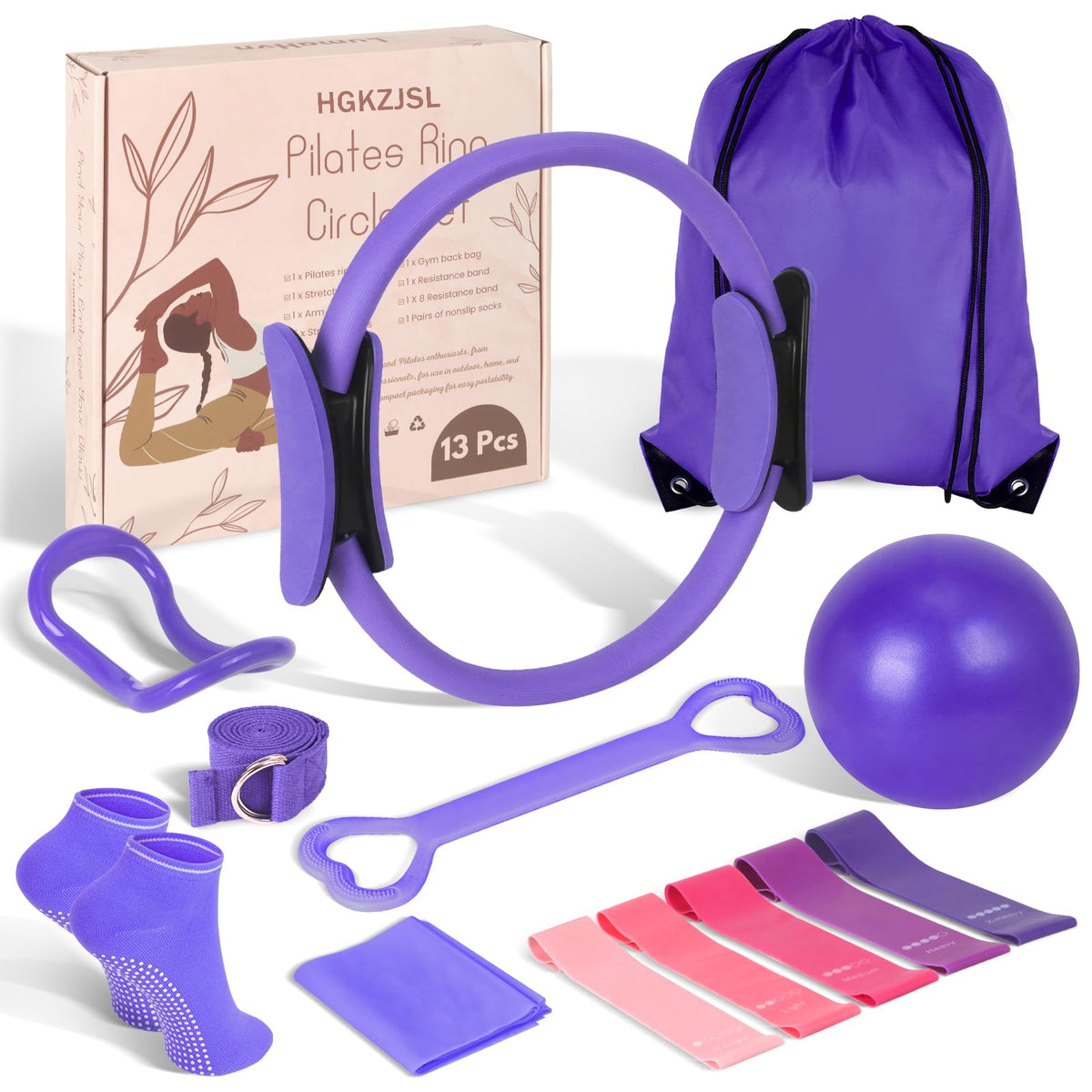 Pilates Kit for Women 13PCS, Pilates Ring and Ball Set with Magic Circle, Resistance Bands Set, Figure 8 Band, Yoga Ring & Grip Socks, Home Workout Equipment Essentials Starter Kit for Beginners