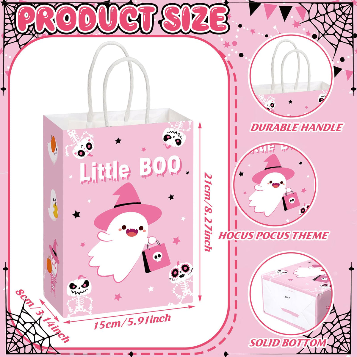 Zhanmai 24 Pcs Pink Ghost Halloween Party Favors Gifts Goodies Bags with Handles Halloween Paper Boo Bags for Candy Treat Snack Gifts Wrapping Birthday Party Supplies Decoration