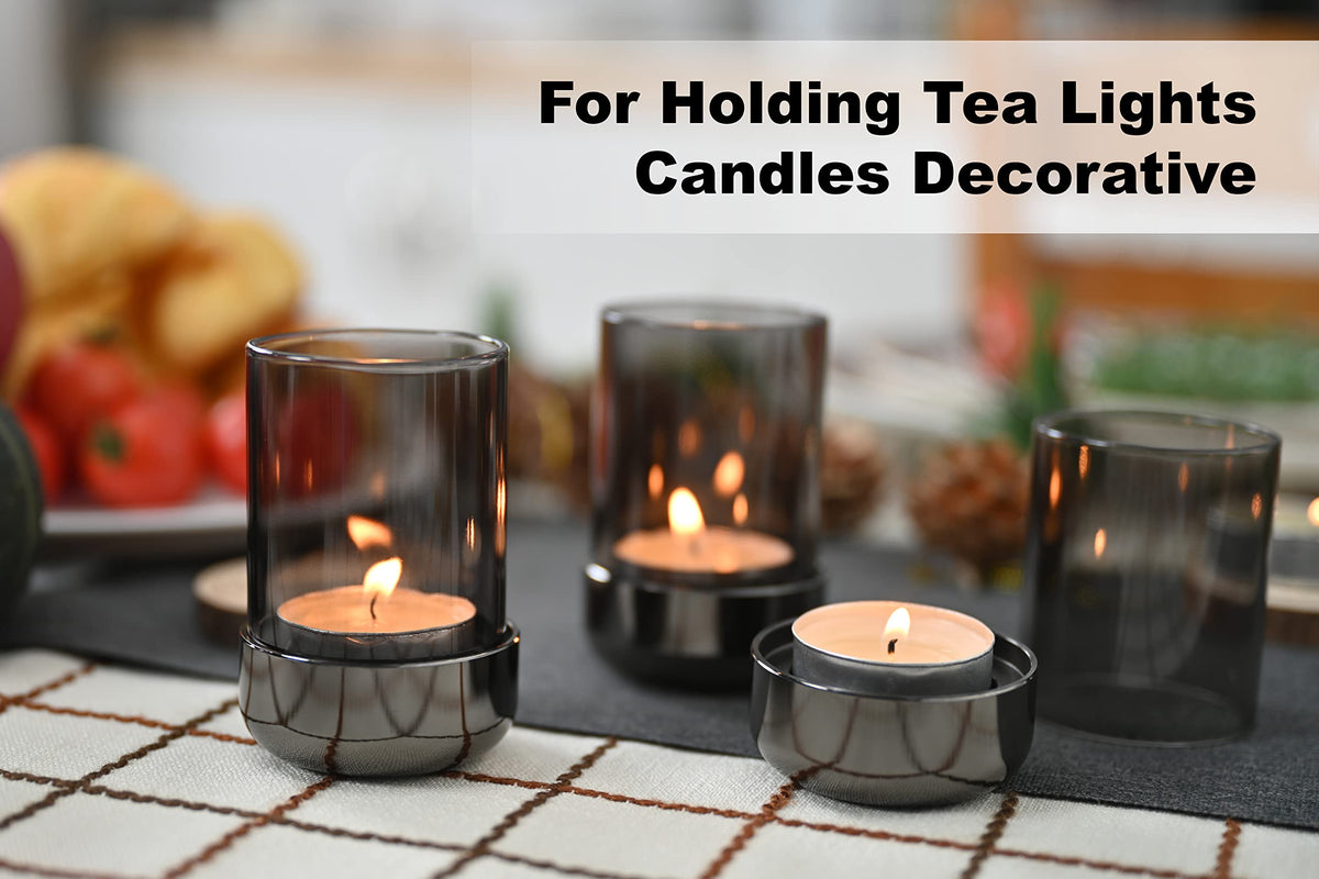 Faveaux Tealight Candle Holder Black Tea Candle Holder Cylinder Glass for Standard Tea Light Birthday Party Table DIY Decor Pack of 4, Black Nickel Base+Black Glass