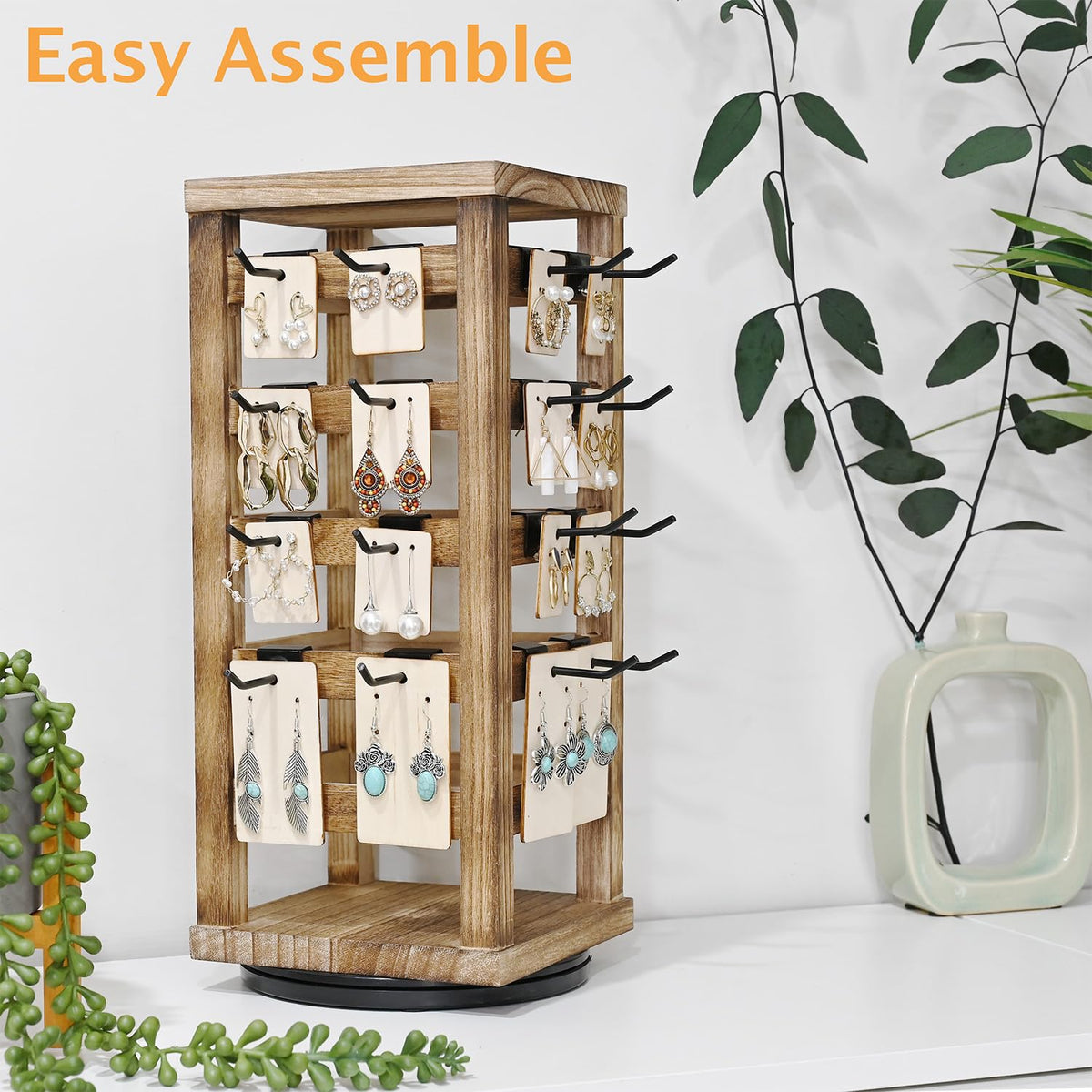 Ikee Design Wood Rotating Jewelry Display, Removable 42 Hooks Earring Display Stand, 5 Bars Earring Organizer Stand, Oak Color