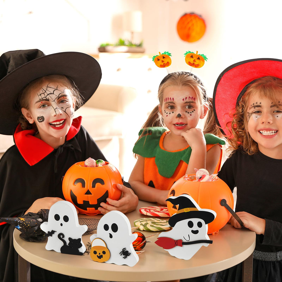 COCHIE Cute Ghost Halloween Decorations Indoor, Wooden Tiered Tray Decor Table Sign Set of 3, Black Cat Bat Witch Broom Signs Pumpkin Blocks for Party Home Shelf Display (A-Ghost)