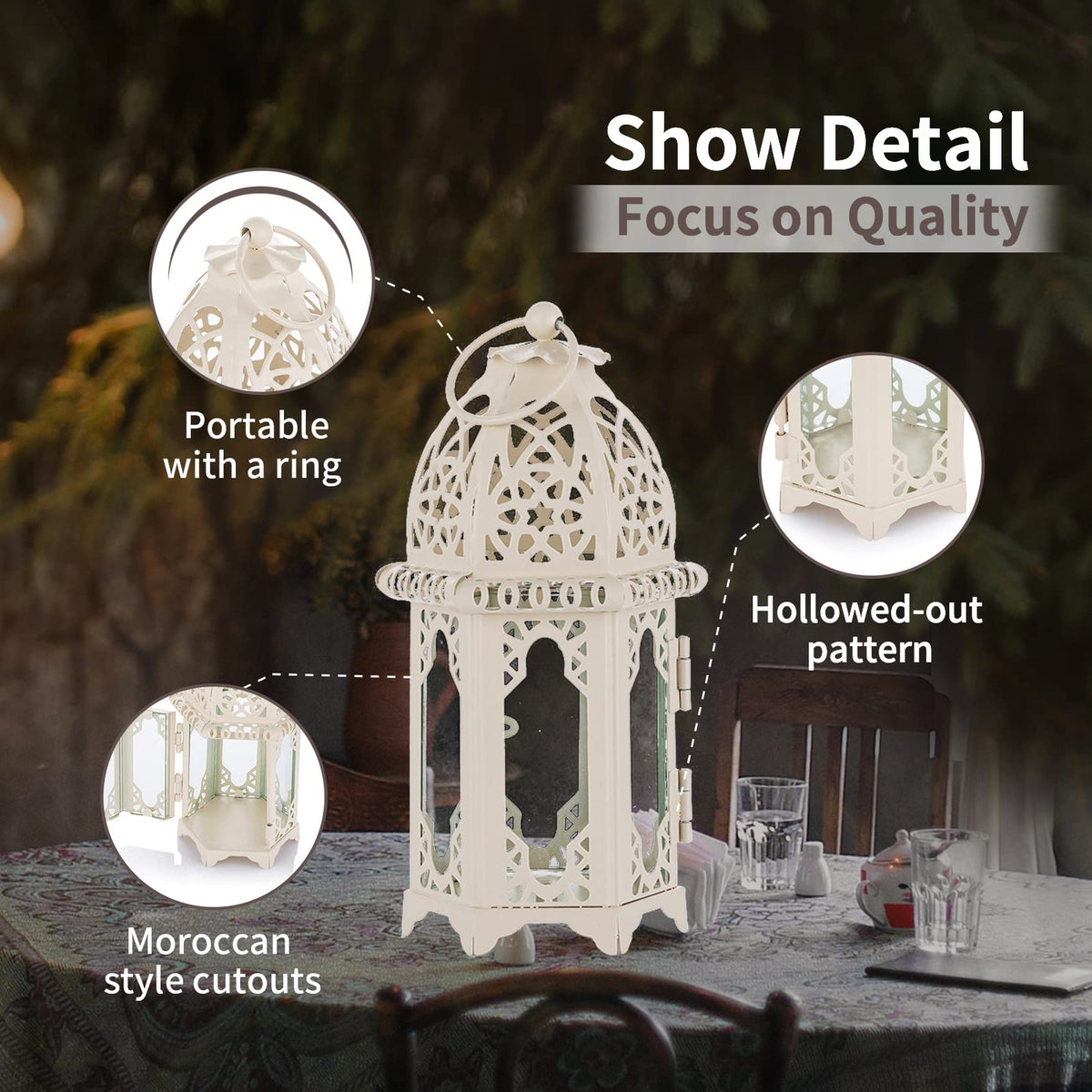 NUPTIO 2 Pcs Moroccan Style Candle Lantern - Small Sized Tealight Candle Holder with Transparent Glass Panels Great for Patio, Indoors/Outdoors, Events, Parties and Weddings, White