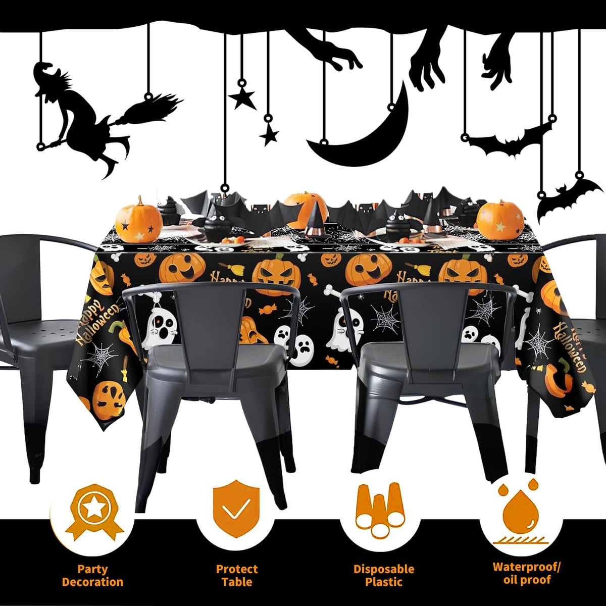 Pyrrhiax 4 Pcs 54 x 108 Inch Halloween Pumpkin Ghost Tablecloth, Rectangular Plastic Spider Web Table Cloth Large Size Halloween Table Covers for Home Decor Party Decorations