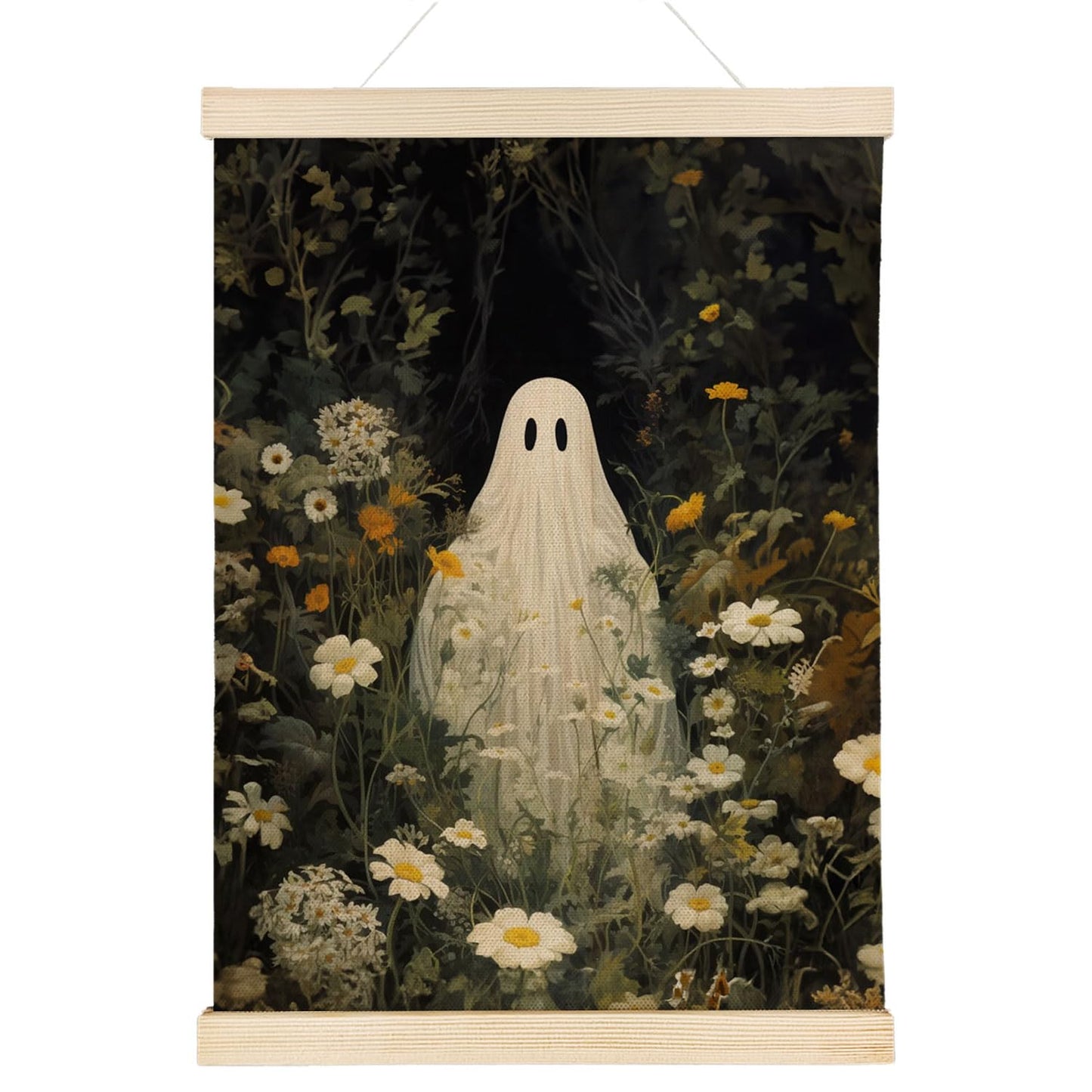 Nrleey Halloween Bathroom Poster Hanger Frame, Ghosts Floral Wall Art with Wooden Poster Hanger, Horror Spooky Wall Hanging Decor, 12x16 Inches