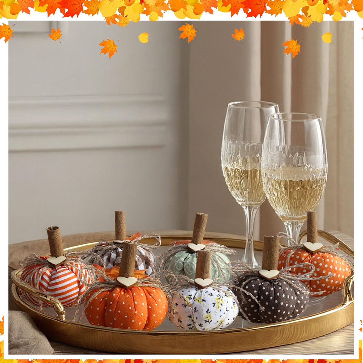 Geelin 8 Pcs Fall Fabric Pumpkin Decor Artificial Pumpkin for Decorating Thanksgiving Farmhouse Harvest Decoration with Maple Leaves Autumn Tray Table Centerpiece Decor Thanksgiving Tree Decoration